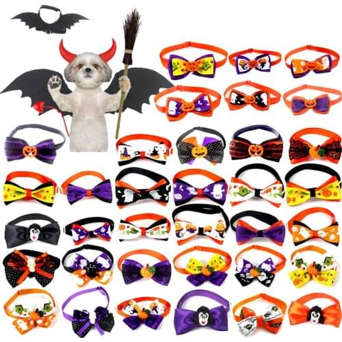 Cute Pumpkin Skull Dog Cat Bowtie Halloween Holiday Pet Accessories Butterfly Bow Puppy Adjustable Strap Collar for Chihuahua