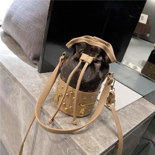 Fashion Retro Women Printing Drawstring Bucket Shape Messenger Bag Rivet Zipper Simple Shoulder Crossbody Female Handbags