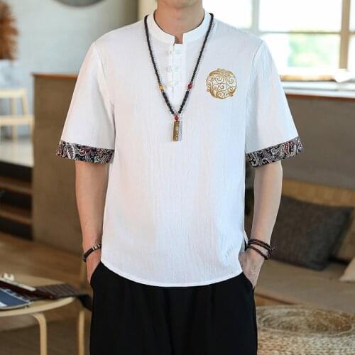 2021 Mens Summer New Cotton and Linen Short-Sleeved T-shirt Chinese Style Embroidery Buckle Stand Collar Loose Linen T-shirt