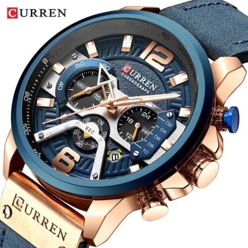 CURREN Mens Chrono Quartz Watch Auto Date 30m Waterproof Genuine Leather Strap Business Military Wrist Watches for Men Gift