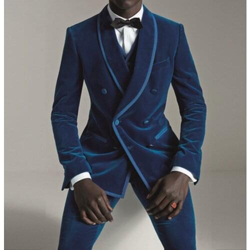 Latest Coat Pant Designs Royal Blue Velvet Men Suit Double Breasted Slim Fit 3 Piece Tuxedo Custom Prom Party men Suits Vestidos