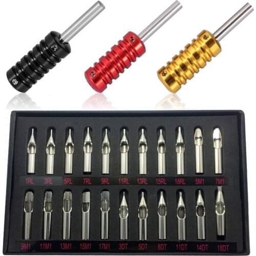 Tattoo Tips and Grips Aluminum Tattoo Grips Tubes and 22 PCS Stainless Steel Tattoo Tips Nozzles Kits Coil Tattoo Machine