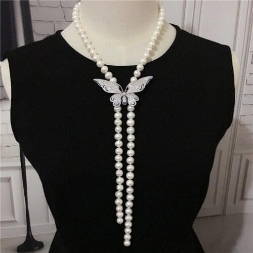 Hand knotted 7-8mm nearly round natural white freshwater pearl necklace long sweater chain butterfly accessories fashion jewelry