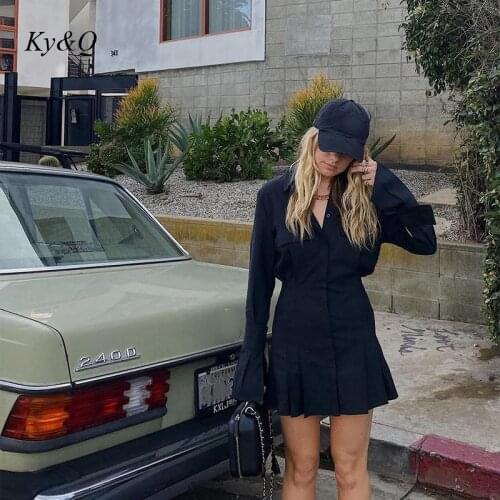 Brand New Design Hot Girl Black Shirt Dress Female Trumpet Long Sleeve Gather Waist Pleated Dresses Women Slim Retro Trend