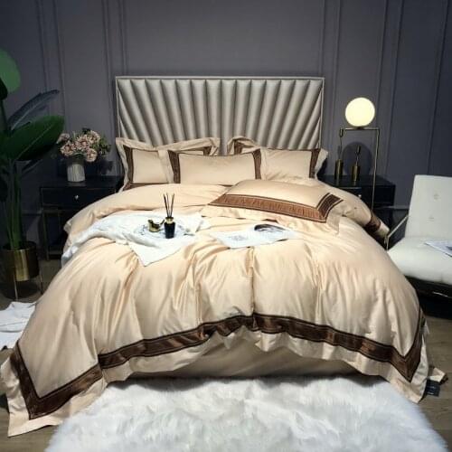 1000TC Egyptian Cotton Bedlinen beige Embroidery Duvet Cover Pillowcase Flat Sheet Queen King Size 4pcs