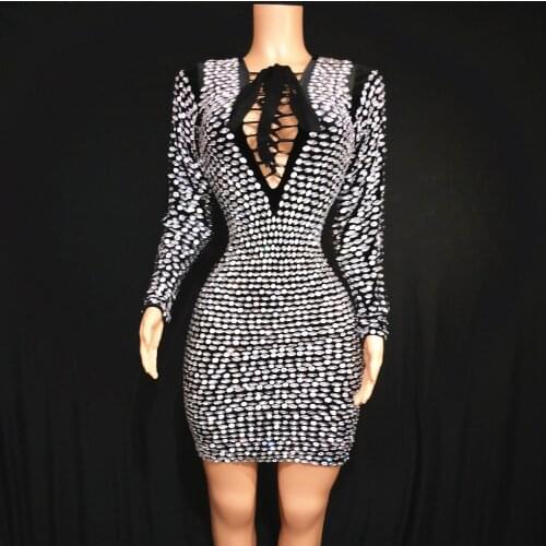 Long Sleeve Flashing Silver Rhinestone Dress Birthday Celebrate Collection Evening Prom Spandex Costume Short Dress