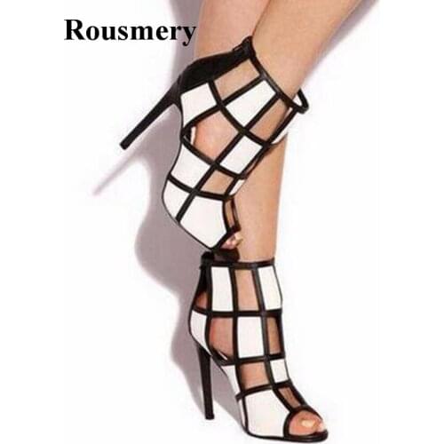 New Fashion Women Open Toe White-black Grid Design High Heel Sandals Cut-out Patchwork Gladiator Sandals Dress Shoes