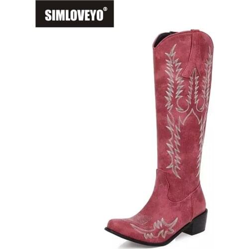 SIMLOVEYO 2021 Woman Ethnic Knee High Boots Sewing Cowboy Zip Pointed Toe 5cm Chunky Heel Shoes Size 34-44 Brown Black Red A4366