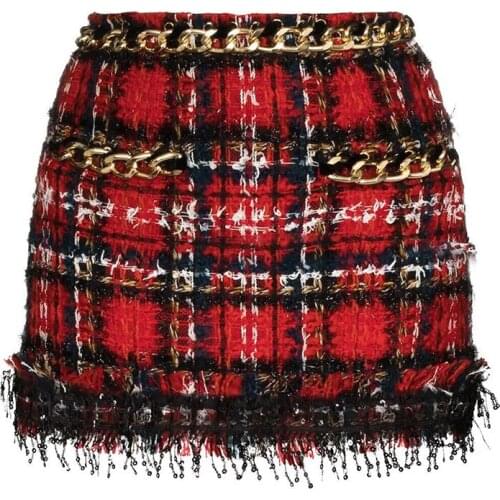 SS2021 Summer Women Skirts Elegant Tweed Chain Tassel Edge Star Streetwear Office Lady The New Grid Bag Hip Miniskirt Skirt