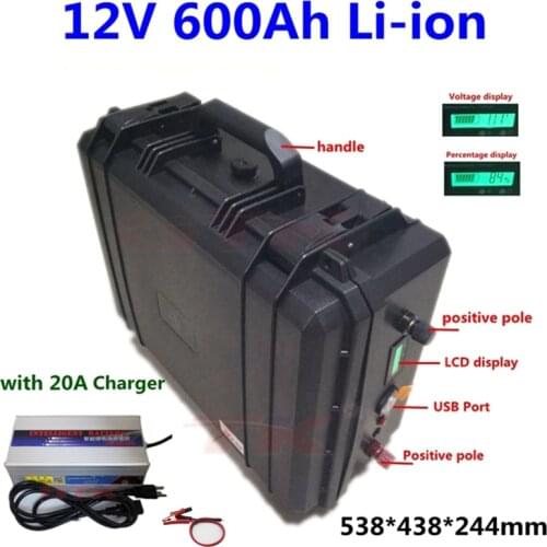 Waterproof 12V 500Ah 600Ah Lithium li ion battery with BMS for RV solar system emergency storage emergency system +20A charger