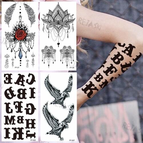 Black Letter Temporary Tattoos For Women Girls Realistic Eagle Rose Pendant Lotus Feather Fake Tattoo Sticker Sexy Arm Tatoos 3D