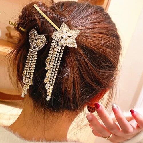 Fashion Trend Hairpin Full Rhinestone five-pointed Star Tassel Barrettes Women‘s ’One Word Hair Clip Old Wind Hair Accessories