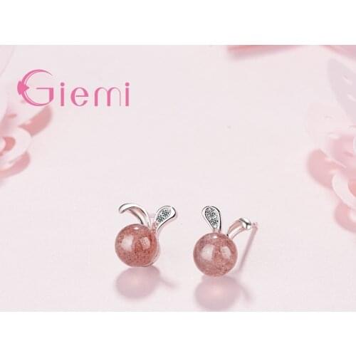 Factory Price Lovely Rabbit Ears 925 Sterling Silver Stud Earrings With Round Pink Crystal For Women Girls Jewelry