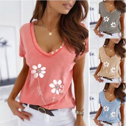 Cotton Fashion 2021 New Slim V-neck Printing Pocket Short Sleeve Button Womens Casual T-shirt