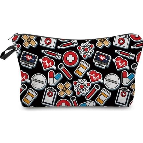 Love Medicament Printed Black Makeup Bag Nurse Fashion Cosmetic Bags Hot Sale Womens Bag High Quality Waterproof Pencil Cases