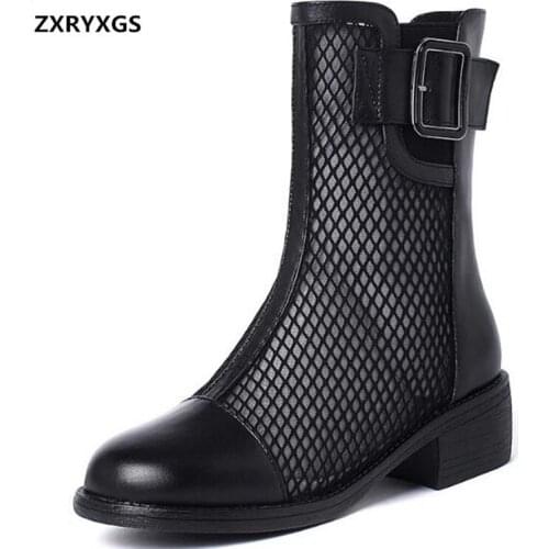 New Top Cowhide Mesh Cool Boots Black Shoes Women Sandals Fashion Sandals Comfort Thick Heel Spring Summer Shoes Leather Sandals