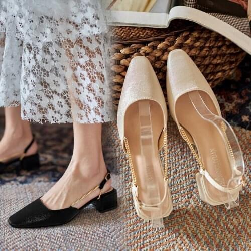 Closed Toe Sandals Block Heels Black Shoes for Women Med 2021 Summer Chunky Beige Girls Comfort Medium Low New Square Fashion Ru