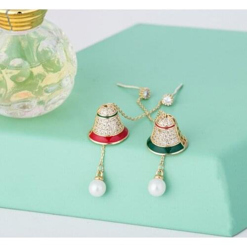 Women earrings Christmas small bell Micro inlaid zircon Earrings Pearl Eardrop Elegant christmas earrings Jewelry Xmas Gift