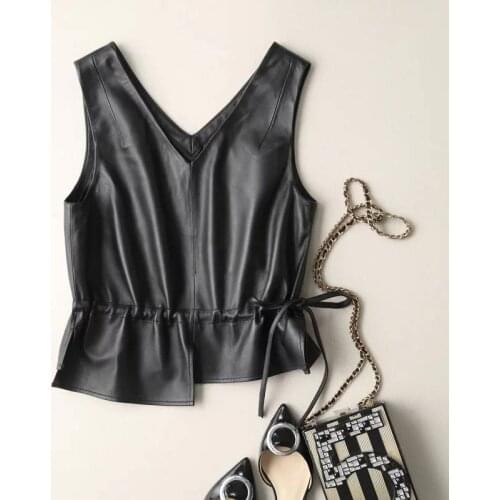 2021 Spring New Sexy Leather Vest Women Coat V Neck A Line Slim Party Club Elegant Jacket Sleeveless Feminino Plus Size 4XL D259