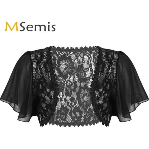 Women Sexy See Through Floral Lace Cardigan Short Bell Sleeves Open Front Chiffon Jacket Shrug Wedding Party Lace Wrap Crop Top