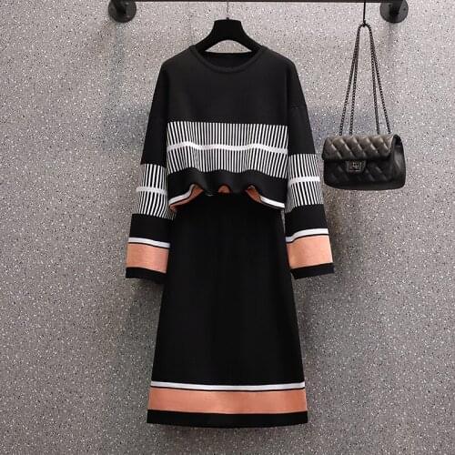 Autumn Spring Sweater Women Plus Size 2 Piece Set Korean Sweet Print Knitwear Pullover + Short Mini Knit Skirt Two Piece Set big
