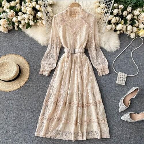 New Women Lace Dress Elegant Long sleeve Dress Female Vintage Hollow out Dress 2021 Spring and Autumn