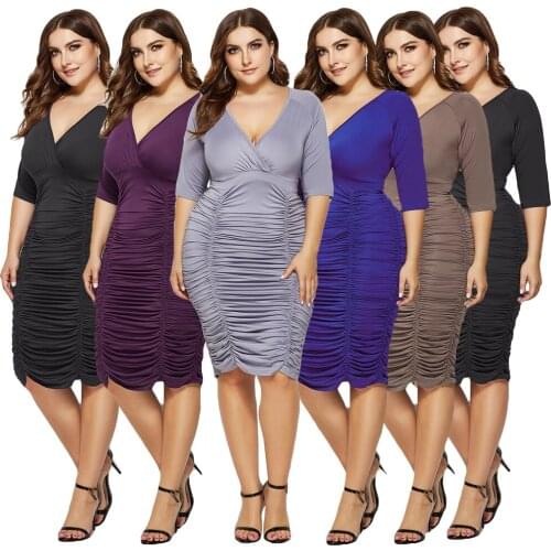 Sexy Women V Neck Slim Bodycon Party Short Dress Strech Solid Color Pleated Ladies Casual Plus Size Loose Summer Holiday Dress