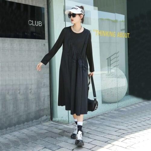 Drawstring Folds Dresses Patchwork Autumn New Product Fashion Style Mid-length Black Womens Clothing Dresses