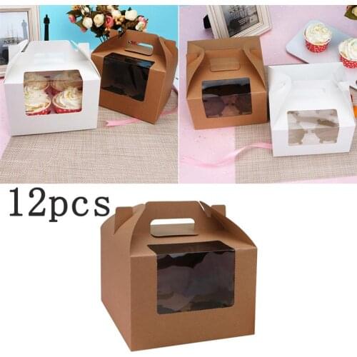 10pcs 4 Cavities Cup Cake Box With Window Paper Cupcake Box With Handle Insert Container Portable Dessert Carriers Wedding Party