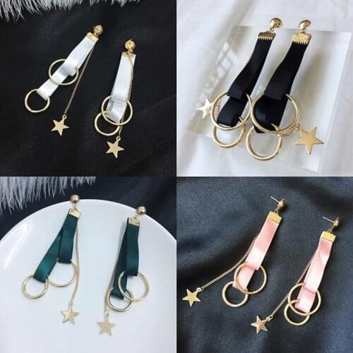 2021 Korean Simple Fashion Colourful Ribbon Earrings For Women Exaggeration Metal Circle Star Tassel Long Earrings Jewelry Gifts