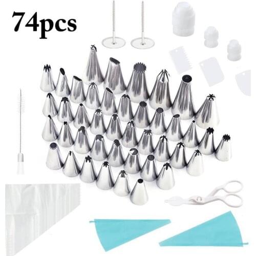 74PCS Cake Decorating Tips Set Stainless Steel Icing scraper Piping Nozzles DIY Fondant Baking Tools Reusable Pastry Bags