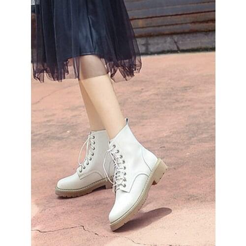 EshtonShero Winter Womens Shoes Woman Round Toe Cow Leather Flat with Platform Casual Female Lace Up Motorcycle Boots Size 3-10