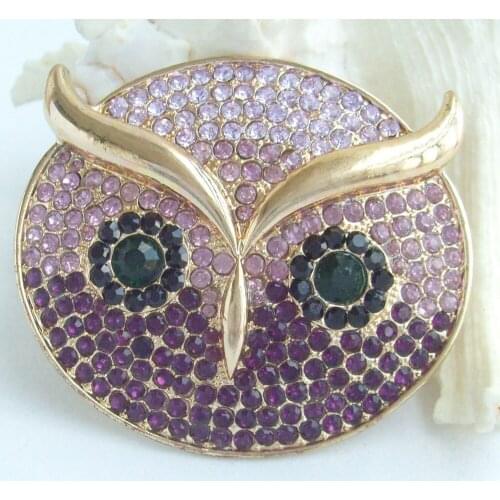 HelenaJewelry 2.16" Gold-tone Purple Rhinestone Crystal Owl Brooch Pin Pendant EE05112C2
