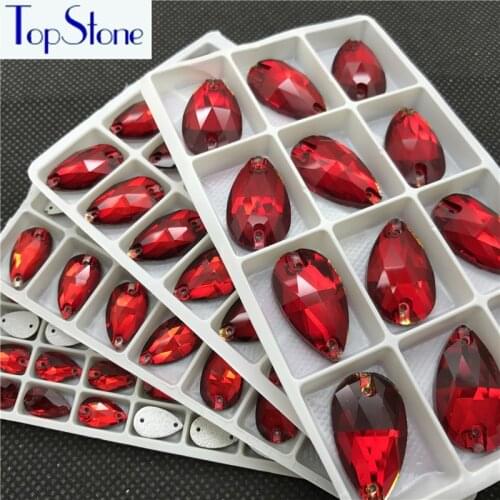 Teardrop Sew On Rhinestones Siam Red Color 7x12 11x18 13x22 17x28mm Droplet Sewing Glass Crystal Stones Dress garment making