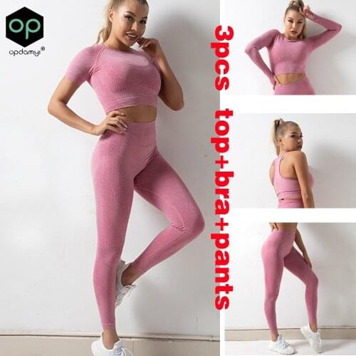 3PCS Seamless Women Yoga Set Workout Sportswear Gym Clothing Fitness Long Sleeve Crop Top+Bra+High Waist Leggings Sports Suits