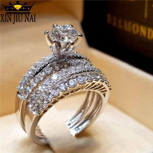 Cute Female Crystal White Zircon Stone Ring Set Luxury 925 Silver Engagement Ring Vintage Bridal Wedding Rings For Women