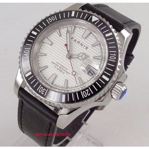 New arrive 41mm Parnis white dial Sapphire glass date leather miyota 8215 automatic mens ss watch