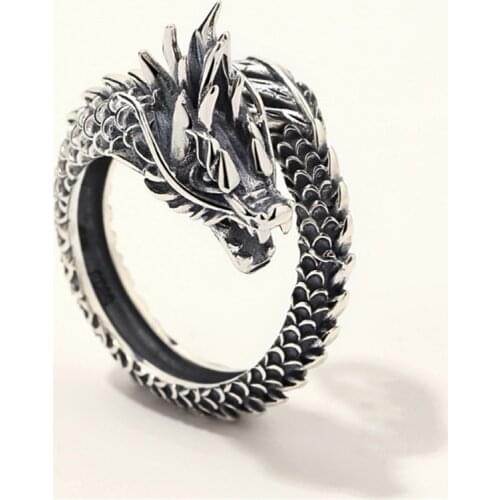 New Retro Vintage Domineering Dragon Tibetan Silver Rings For Men Zodiac Mens Girls Adjustable Big Ring Punk Personality Jewelry