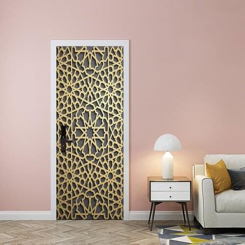 Musilm Style Golden Texture DIY Door Art Mural Sticker Home Decor Bedroom Living Room Door Wall Sticker Self-adhesive Poster PVC