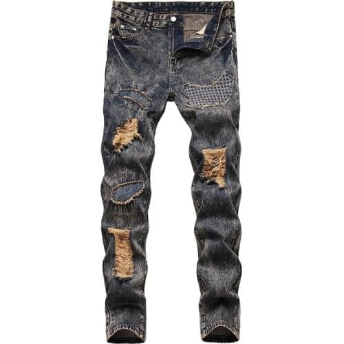 Nostalgic Jeans Mens Holes Personalized Patchwork Jeans Mens Fashion Pants Four Seasons Plus Size Denim Jeans for Men