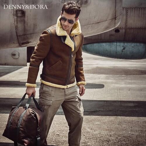 2018 New Fashio Mens Shearling Leather Jacket Dark Brown B3 Jacket Original Flying Jacket Fur Aviation Coat