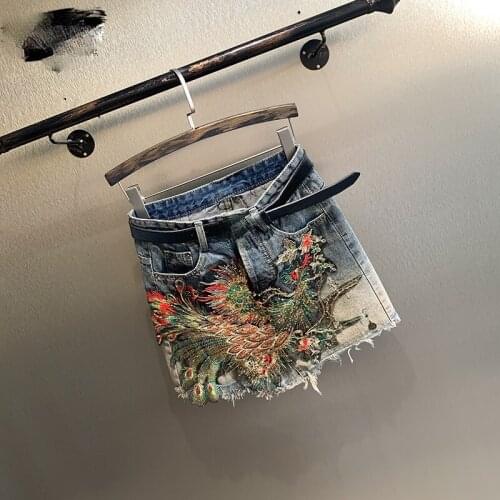 2021 New Shorts Women Summer Thin Embroidered Phoenix Denim Skirt Korean Version The Straight All-match Half-length Pants Tide