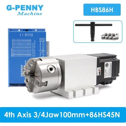 NEW! 4th Axis 3/4Jaw 100mm CNC dividing head/Rotation Axis/A axis kit NEMA34 86HS45N 4.5N.m & HBS86H Closed loop stepper motor
