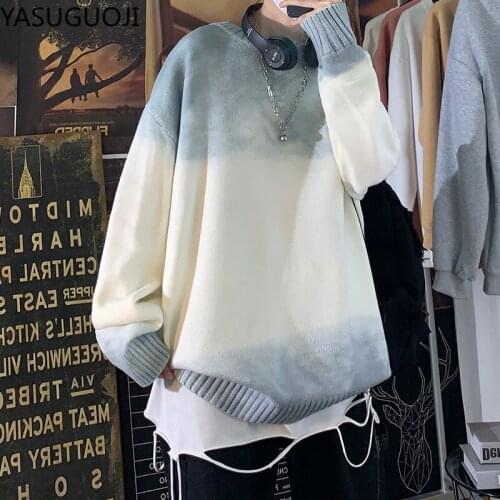 YASUGUOJI New 2021 Spring Oversized Mens Knitted Sweater Gradient Pullover Sweaters Hip Hop Harajuku Korean White Sweater Men