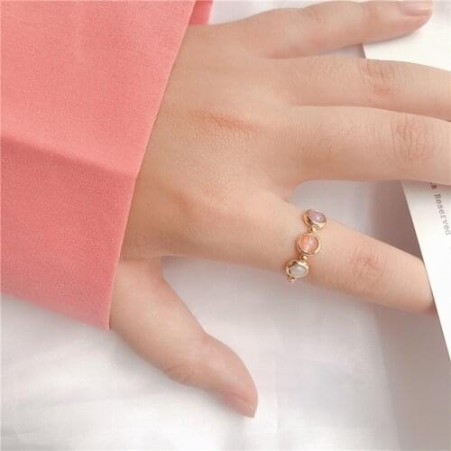 New Arrival Cute Simple Style Three Color Stone Beads Elastic Ring For Women Girls Finger Jewelry Birthday Gifts
