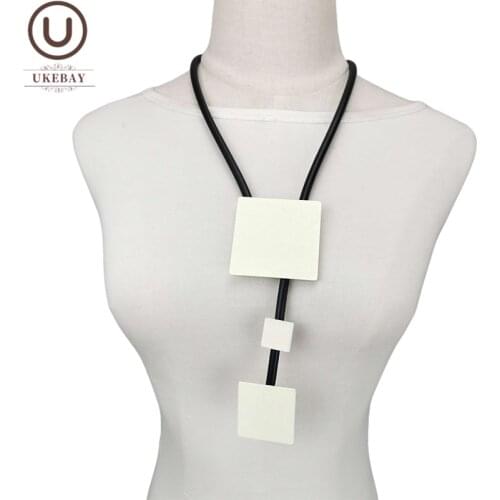 UKEBAY New Handmade Wood Pendant Necklaces Women Rubber Jewelry Gothic Statement Necklace Square Wooden Accessories Match Cloth