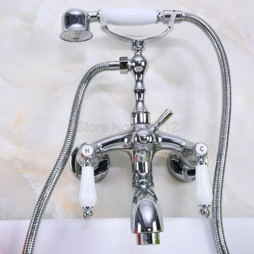 Polished Chrome Clawfoot Bathtub Faucet Set with Handheld Shower Dual Handles Mixer Taps Wall Mounted tna220