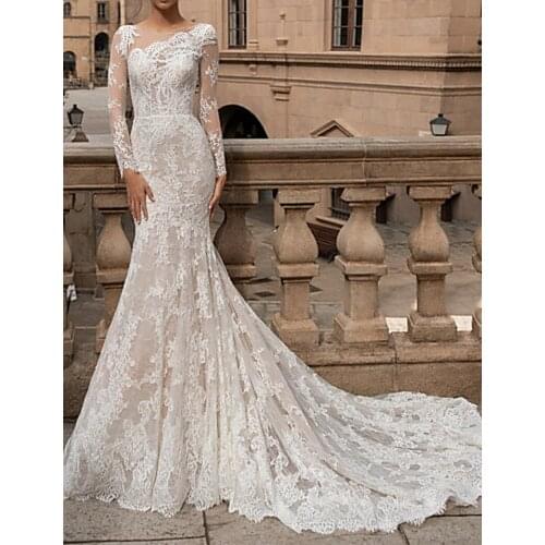 Luxury Lace Mermaid Wedding Dresses Long Lace Sleeves Backless Vestido De Noiva Sexy Elegant Bride Dress Wedding Gowns