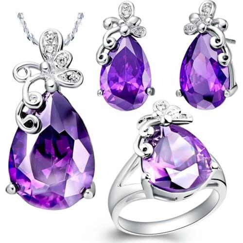 Women Wedding Elegant Charm Necklace/Ring/Earrings Purple Oval Zircon & Butterfly White Gold Jewelry Sets Gifts T075-7
