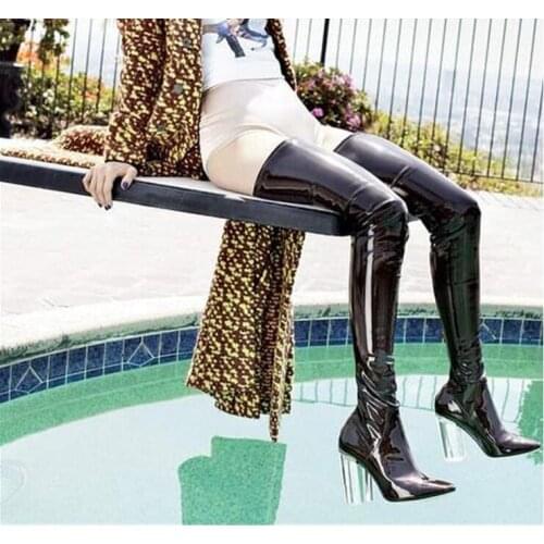 Woman Thigh High Thick Clear PVC High Heel Long Boots Shiny Blue Red Patent Over The Knee Boot Catwalk Rain Botas De Mujer